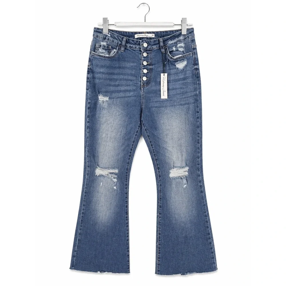 Highway Jeans Womens Distressed Flare Jeans Button Fly Raw Hem Blue 13 9055F11MM - Picture 3 of 6